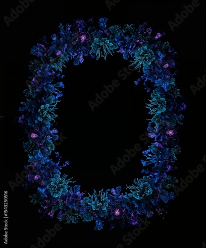 Floral wreath with blue and purple hues against a dark background creating a circular frame