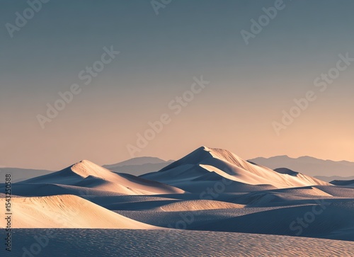 White dunes at twilight, the vast expanse of sand stretching to infinity under the dim glow of dusk. The tranquil scene captures the serene beauty and endlessness of desert landscapes. High-resolution