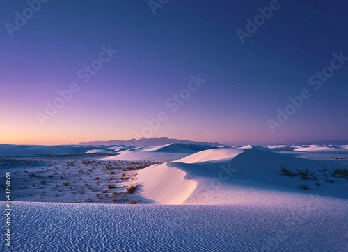 White dunes at twilight, the vast expanse of sand stretching to infinity under the dim glow of dusk. The tranquil scene captures the serene beauty and endlessness of desert landscapes. High-resolution