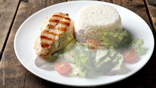 Grilled chicken breast and white rice served on a white plate set on a wooden table