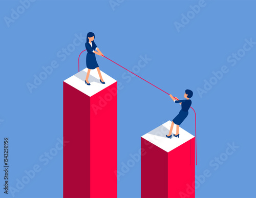 Two business person tug of war at high altitude. Flat isometric vector concept