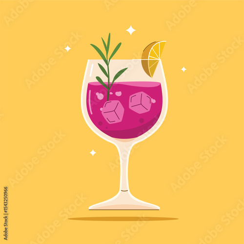 alcoholic beverage in Red Wine Glass. Summer appetizer decorated with rosemary leaves and orange. Illustration of soft and alcoholic beverages.