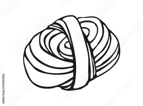 Knot-shaped cardamom bun with layered dough drawn in black outline. Hand-drawn vector sketch illustration isolated on white background. Bakery and pastry concept
