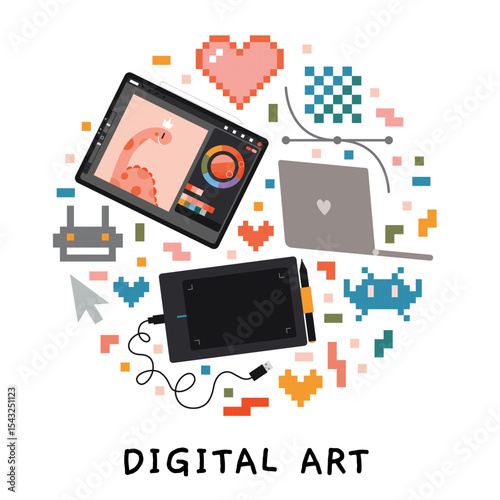 Digital art drawing tools and symbols like tablet, stylus, laptop, pixel grid, raster and vector graphics. Concepts of creative software use. Trendy modern vector illustration, hand drawn flat design