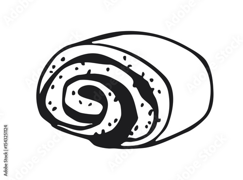 Roll with poppy seeds and spiral shape. Black and white hand-drawn bakery illustration. Dessert and pastry concept for design and print