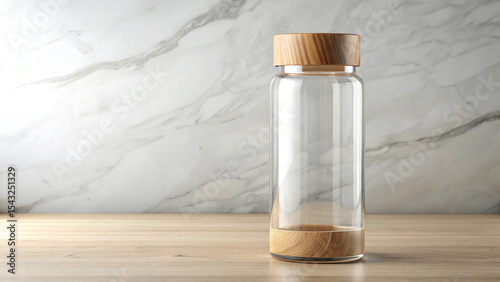 Clear Glass Water Bottle with Light Brown Wooden Lid and Base on Light Wood Table Against