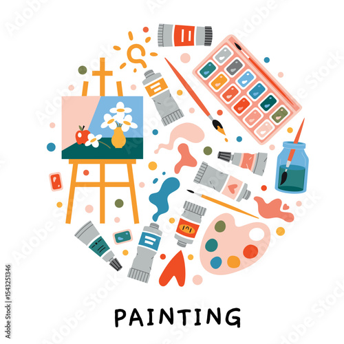Set of painting and drawing supplies with brushes, palette, easel and canvas. Colorful tools for traditional art and creative hobby projects. Trendy modern vector illustration, hand drawn flat design