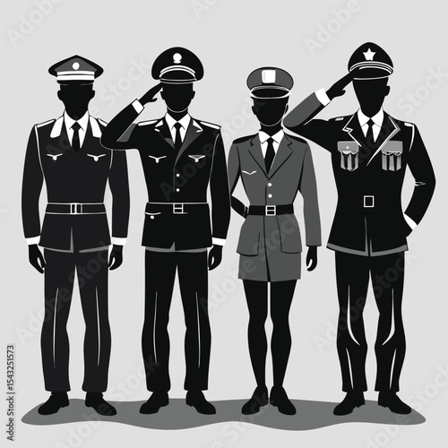 Four Military Officers Saluting Black and White Silhouettes