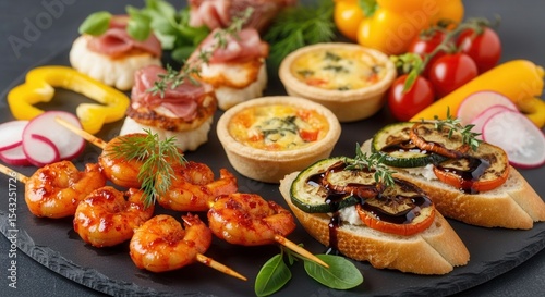 Delicious gourmet appetizers platter with shrimp skewers