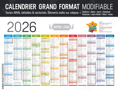 Calendrier Français 2026 modifiable, grand format France, éléments isolés sur calques, textes en Arial, éditables et vectorisés