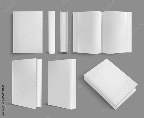 Realistic book mockup template with various side views of open and closed books with empt