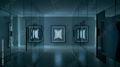 Reflective Art Gallery with Intricate Wall Installation and Ambient Lighting Focused on Modern Aesthetics