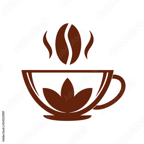 Brown Coffee Cup with Coffee Bean and Floral Design on White Background Simple Minimalist Vector Illustration