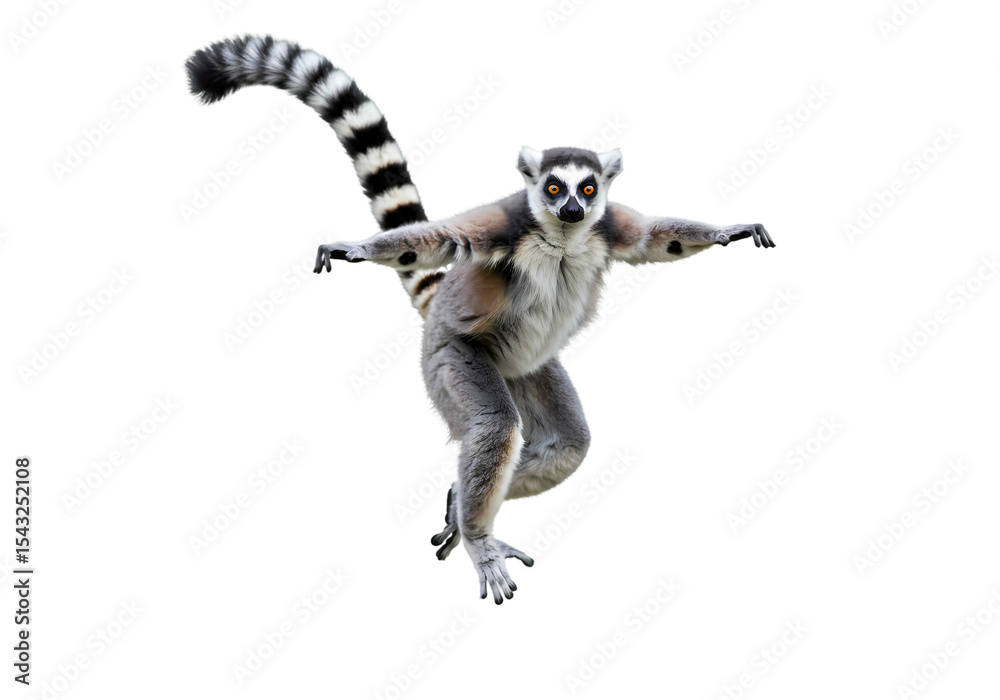Obraz premium Ring-Tailed Lemur in Mid-Leap: A Striking Wildlife Pose on transparent background