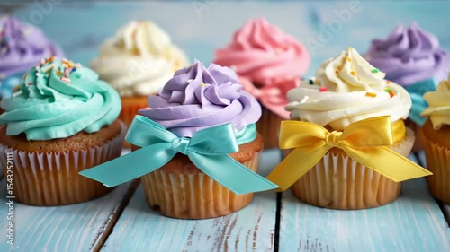 Row of cupcakes each topped with different colored frosting  some adorned wribbons sit on light blue wood planks