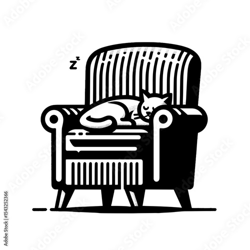 Cat sleeping peacefully on a chair with a cozy design, transparent background  