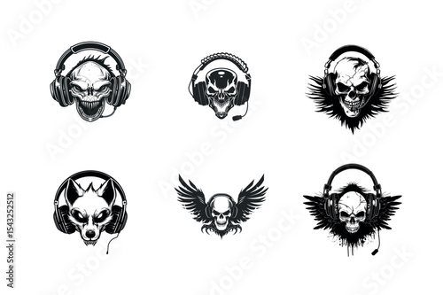 Six skull and animal head silhouettes with headphones