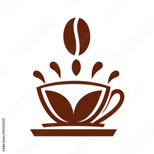 Brown Coffee Cup with Bean and Splashes on White Background Simple Coffee Logo Design