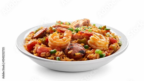 Shrimp  sausage jambalaya in a white bowl garnished with green onions