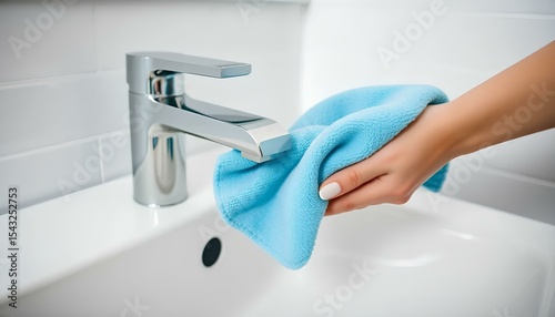 A woman's hand in the bathroom wiping a modern chrome faucet with a blue microfiber cloth. The process of house cleaning, hygiene and maintenance of sanitary fixtures.