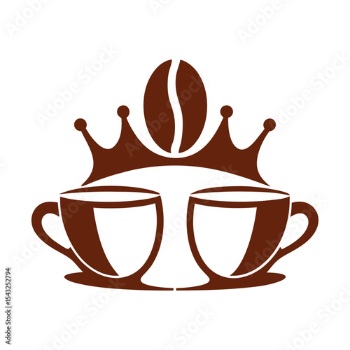 Two Brown Coffee Cups Crowned by Coffee Bean on White Background vector