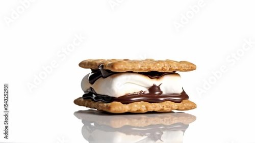 Smore snack with graham crackers chocolate and marshmallow on a white reflective surface