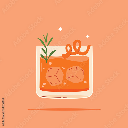 alcoholic beverage in a rock glass. Summer appetizer garnished with rosemary leaves and orange slices. Illustration of soft and alcoholic beverages.