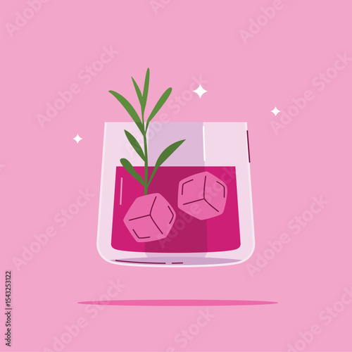 alcoholic beverage in a rock glass. Summer appetizer garnished with rosemary leaves. Illustration of soft and alcoholic beverages.