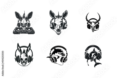 Six animal skull dj silhouettes with headphones