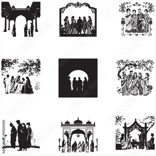 silhouettes people set of South Asian family gathering