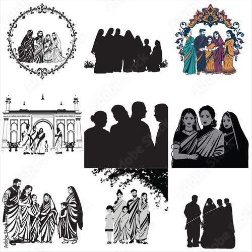 silhouettes people set of South Asian family gathering