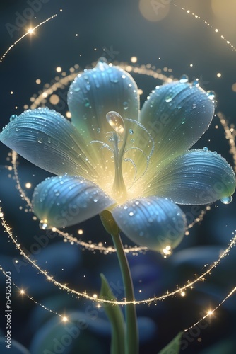 Dreamlike Flower Composition with Dewdrops and Mystical Energy Rings