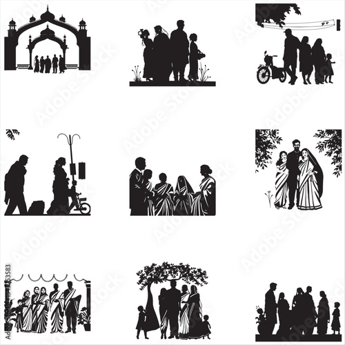 silhouettes people set of South Asian family gathering