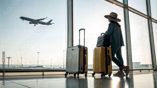 Woman with Silver and Mustard Yellow Suitcases at Airport Watching Airplane Depart