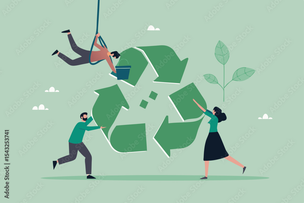 © Sector30 - Reuse or recycle to protect environment, ESG or green ecology to preserve nature, conservative corporate responsibility, reduce pollution, environmental concept, people help connect recycle symbol. © Sector30 - Reuse or recycle to protect environment, ESG or green ecology to preserve nature, conservative corporate responsibility, reduce pollution, environmental concept, people help connect recycle symbol.