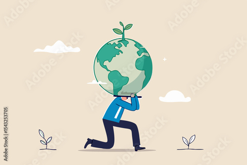 Climate change and global warming responsibility, world leader commitment to take care our planet earth concept, businessman in atlas pose carrying green globe with seedling plant on his shoulder.
