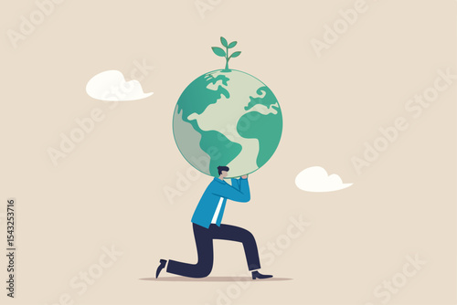 Climate change and global warming responsibility, world leader commitment to take care our planet earth concept, businessman in atlas pose carrying green globe with seedling plant on his shoulder.