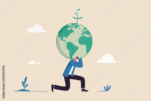 Climate change and global warming responsibility, world leader commitment to take care our planet earth concept, businessman in atlas pose carrying green globe with seedling plant on his shoulder.