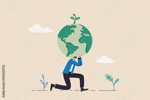 Climate change and global warming responsibility, world leader commitment to take care our planet earth concept, businessman in atlas pose carrying green globe with seedling plant on his shoulder.