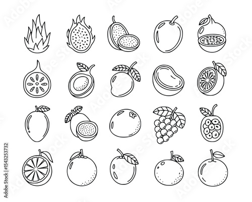 Hand drawn sketch displays an assortment of tropical fruits, a delicious mix of healthy food, and a delightful coloring page, silhouette