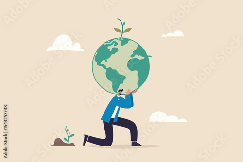 Climate change and global warming responsibility, world leader commitment to take care our planet earth concept, businessman in atlas pose carrying green globe with seedling plant on his shoulder.