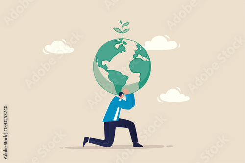 Climate change and global warming responsibility, world leader commitment to take care our planet earth concept, businessman in atlas pose carrying green globe with seedling plant on his shoulder.