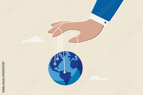 World domination power to manipulate or control economy, stop the war for world peace, political and conspiracy theory concept, anonymous businessman hand with puppet string to control the world.