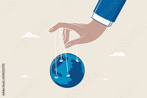 World domination power to manipulate or control economy, stop the war for world peace, political and conspiracy theory concept, anonymous businessman hand with puppet string to control the world.