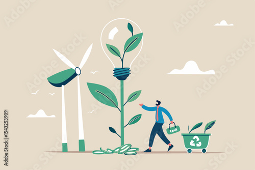 Sustainability business, ESG environmental social governance, green or clean energy, eco friendly ecology to help climate change, recycle concept, businessman pouring ecology plant with clean energy.