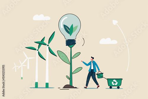Sustainability business, ESG environmental social governance, green or clean energy, eco friendly ecology to help climate change, recycle concept, businessman pouring ecology plant with clean energy.