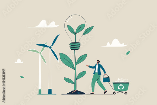 Sustainability business, ESG environmental social governance, green or clean energy, eco friendly ecology to help climate change, recycle concept, businessman pouring ecology plant with clean energy.