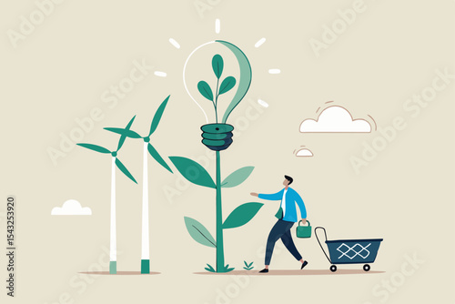 Sustainability business, ESG environmental social governance, green or clean energy, eco friendly ecology to help climate change, recycle concept, businessman pouring ecology plant with clean energy.