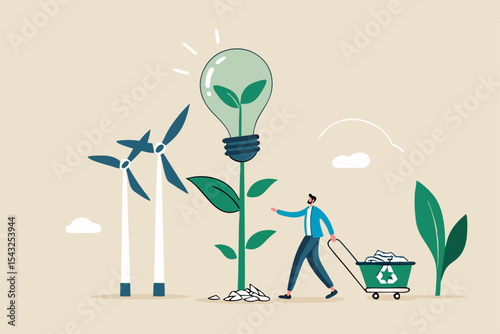 Sustainability business, ESG environmental social governance, green or clean energy, eco friendly ecology to help climate change, recycle concept, businessman pouring ecology plant with clean energy.