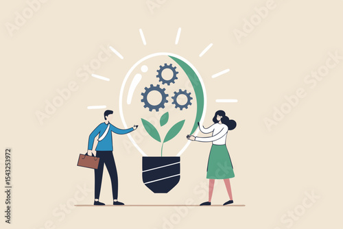 ESG, Environmental, Social and Corporate Governance, company responsibility to care world environment and people concept, business people touch light bulb with seedling green plant and governance gear